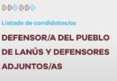 Listado de candidatos y candidatas a Defensor del Pueblo de Lanús y Defensores Adjuntos